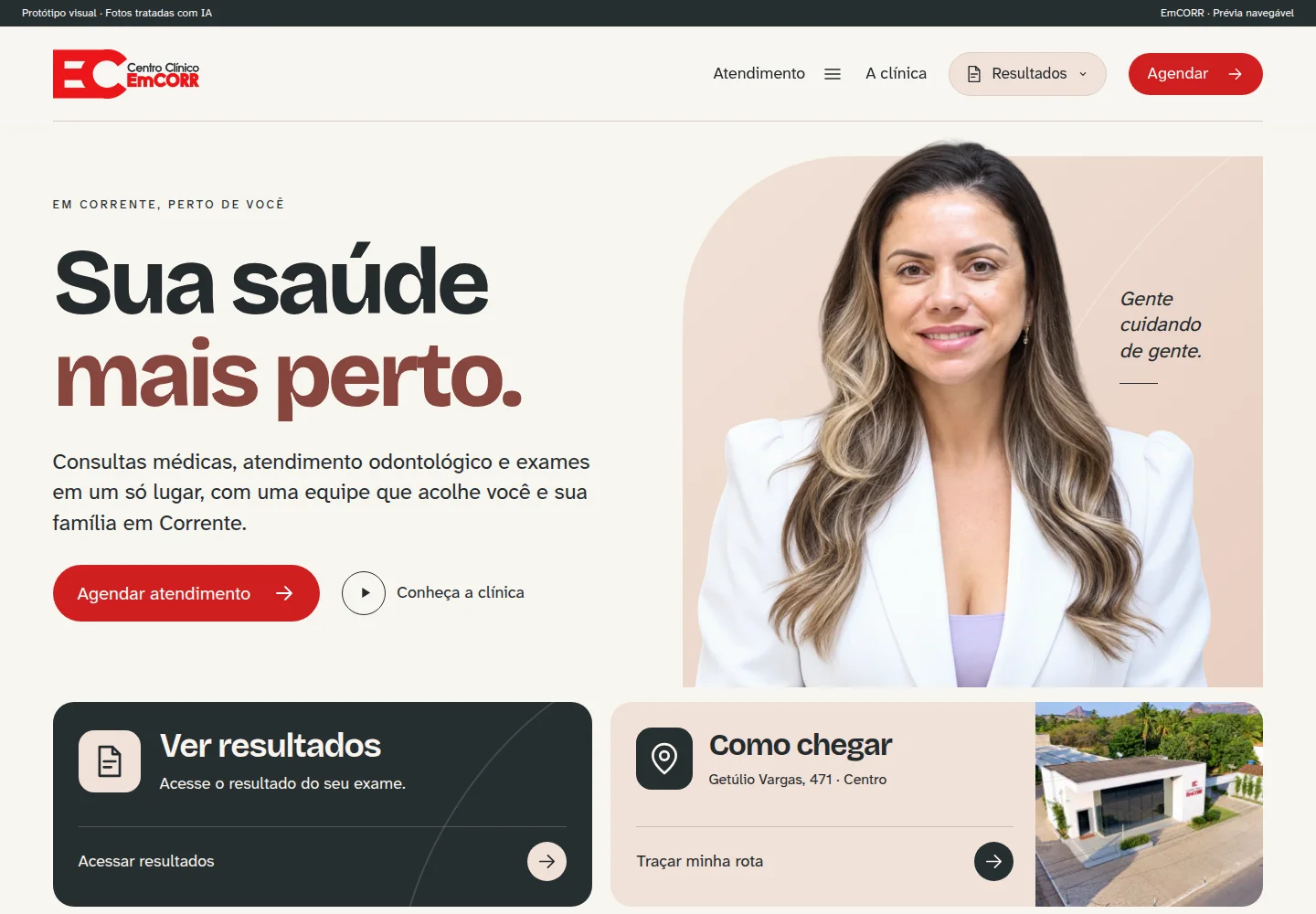 Prévia do site da EmCORR, com apresentação da clínica e acesso às informações de consultas e exames